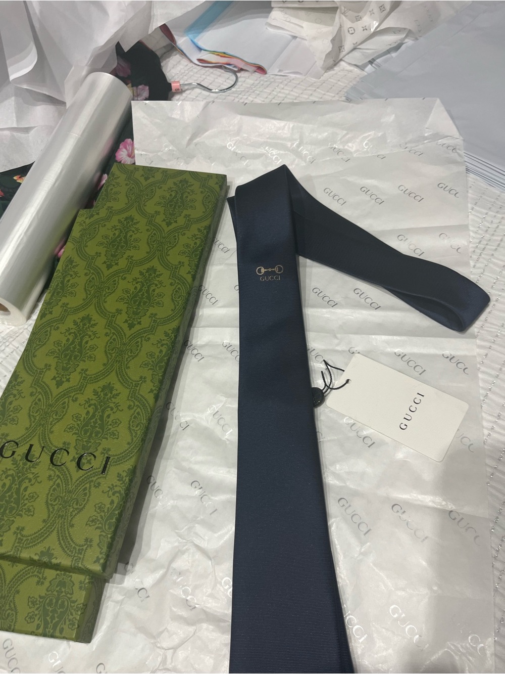 Gucci Navy Silk Tie with Subtle Horsebit Emblem